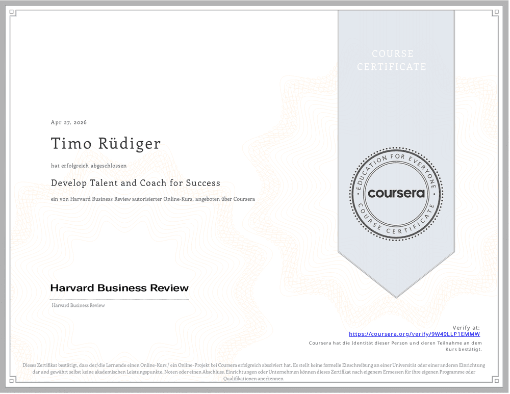 Vorschau des Zertifikats „Develop Talent and Coach for Success" von Harvard Business Review · Coursera