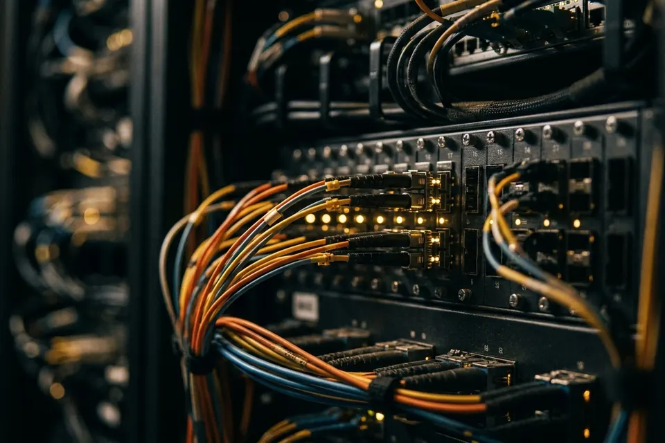 Glasfaserkabel und Patchpanel mit goldenen Lichtpunkten