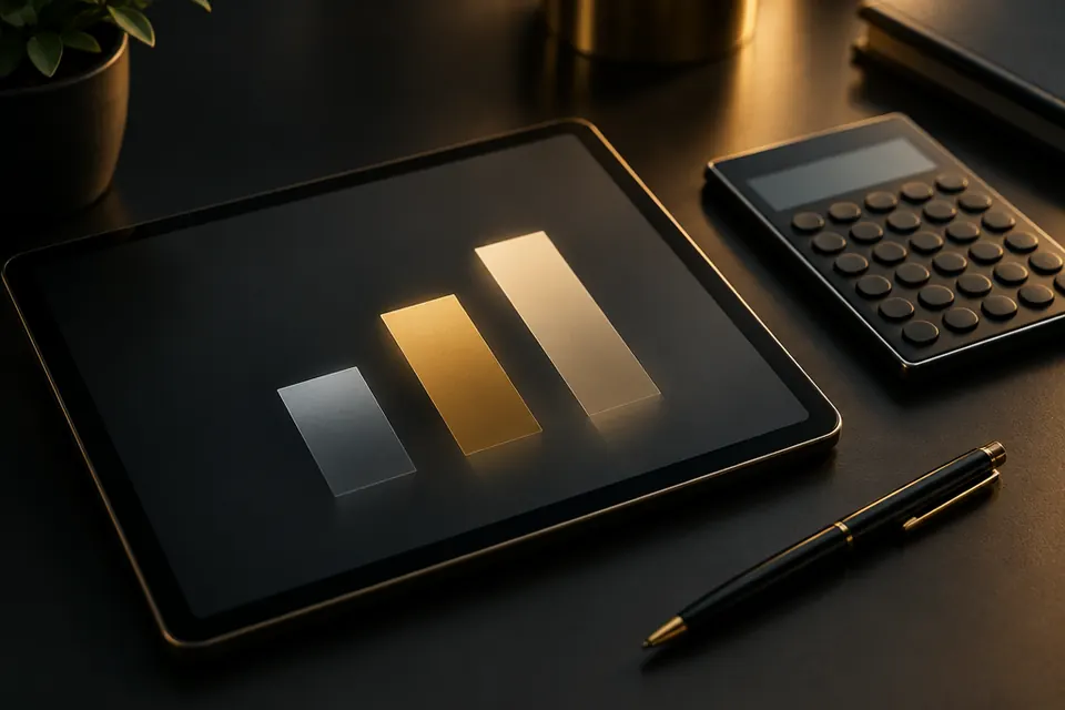Tablet auf einem dunklen Schreibtisch mit drei unterschiedlich hohen Balken in Grau und Gold, daneben ein Taschenrechner und ein Stift