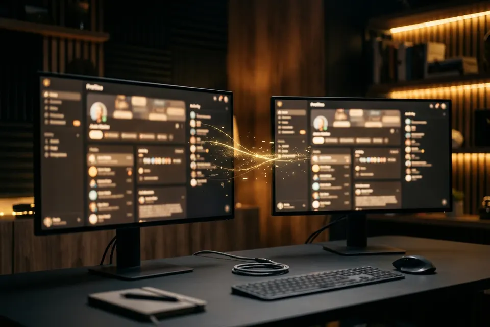 Zwei Monitore, verbunden durch einen goldenen Datenstrom