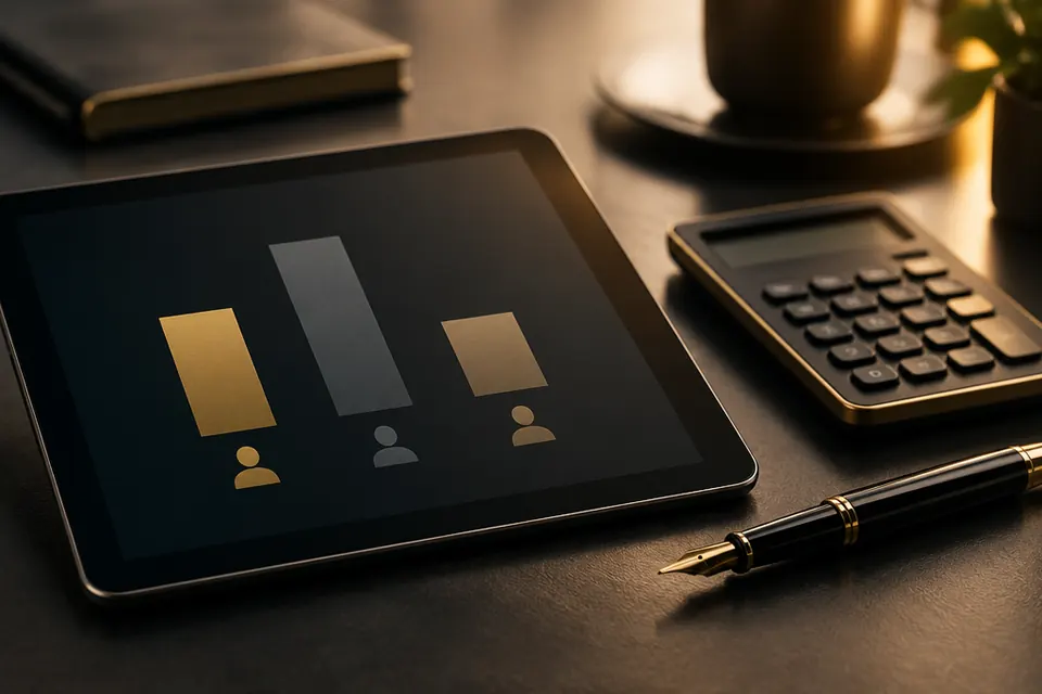 Tablet auf einem dunklen Schreibtisch mit drei unterschiedlich hohen Balken in Gold und Grau und Personen-Symbolen darunter, daneben ein Taschenrechner und ein Füller