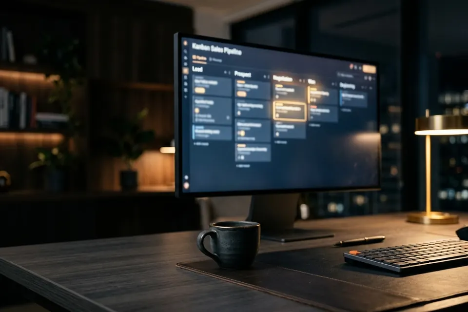 Monitor mit Vertriebs-Pipeline-Board und Kaffeetasse im Vordergrund