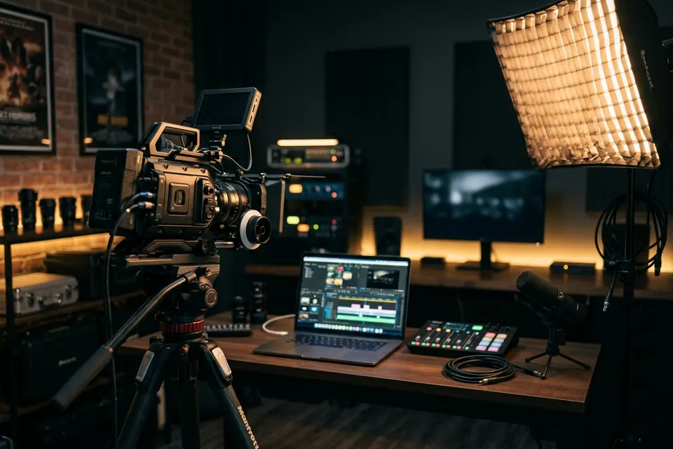 Videostudio mit Kamera, Softbox und Laptop mit Schnitt-Timeline