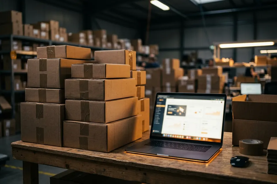 Gestapelte Versandpakete neben Laptop mit Shop-Dashboard