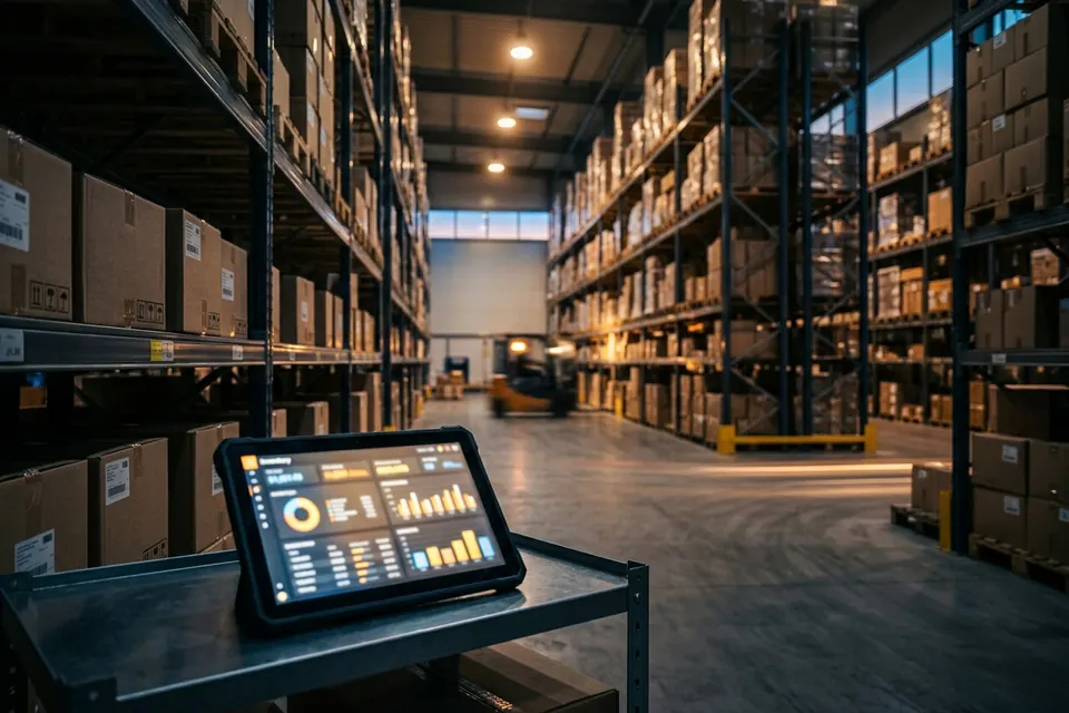 Lagerhalle mit Regalen und Tablet mit Bestands-Dashboard