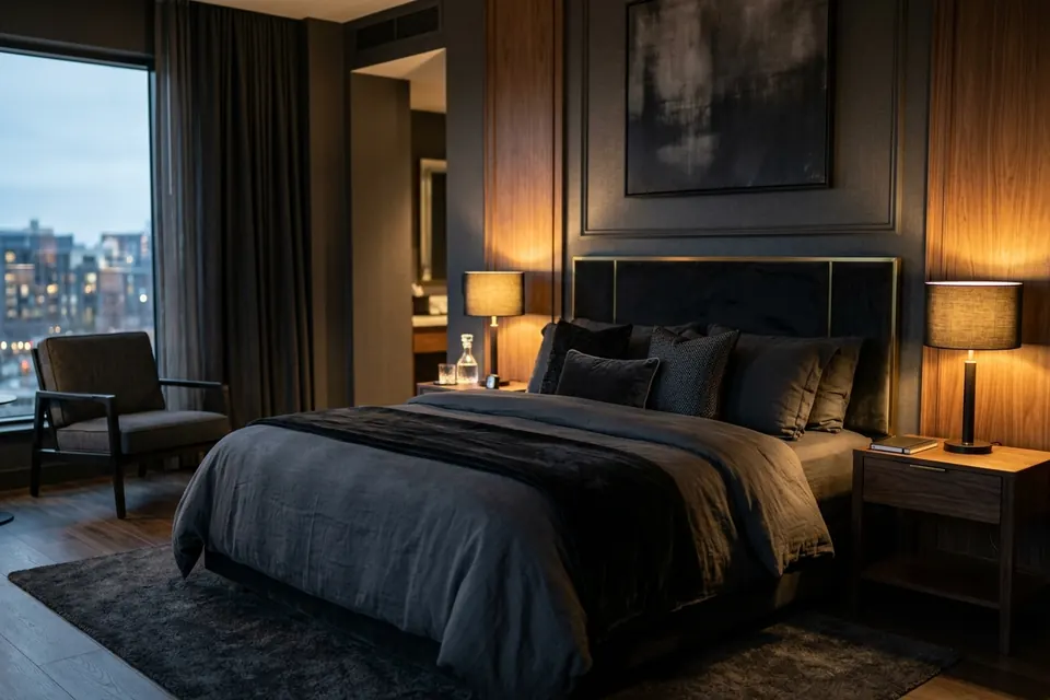 Elegantes Hotelzimmer mit warmem goldenen Licht