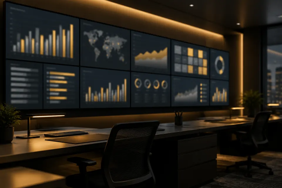Kontrollraum mit einer Bildschirmwand aus unscharfen, abstrakten Diagrammkacheln in Grau- und Goldtönen