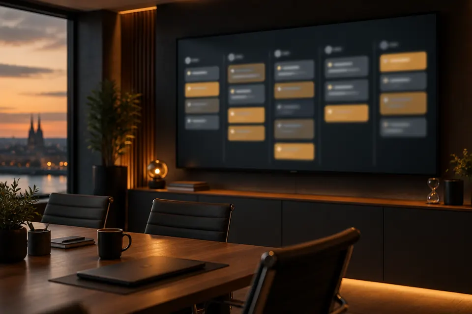 Dunkles Besprechungszimmer mit Blick auf eine Skyline bei Sonnenuntergang, an der Wand ein großer Bildschirm mit einem unscharfen, abstrakten Kanban-Board in Grau- und Goldtönen