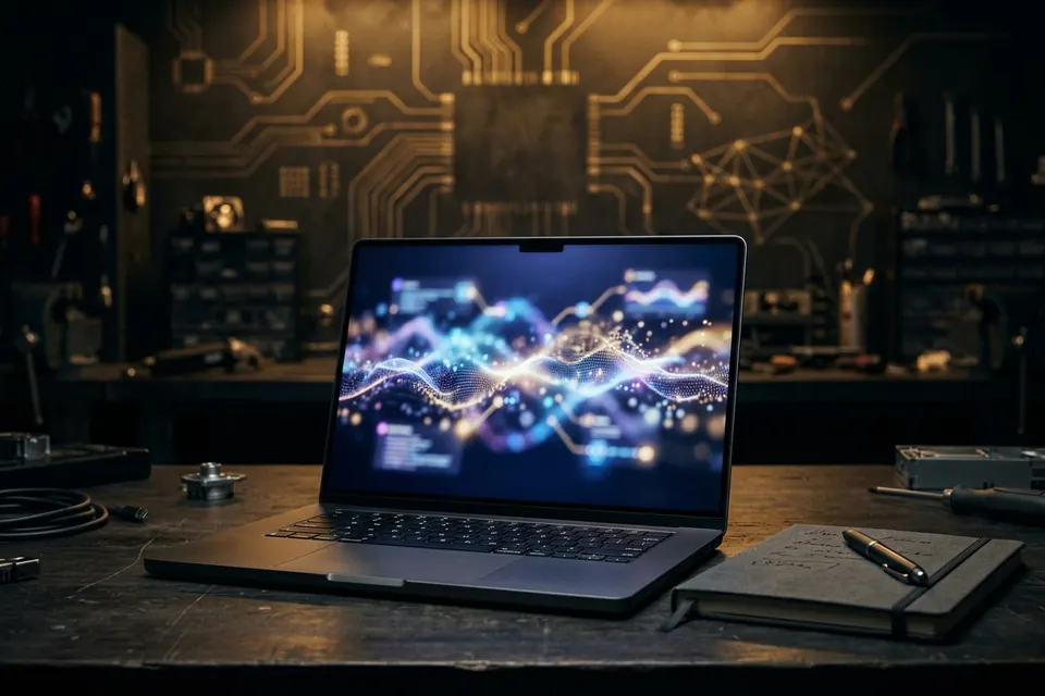 Laptop mit KI-Oberfläche und Notizbuch auf dunklem Schreibtisch