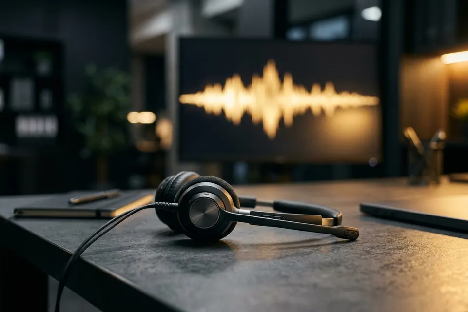 Telefon-Headset auf dunklem Schreibtisch vor leuchtender Klangwelle