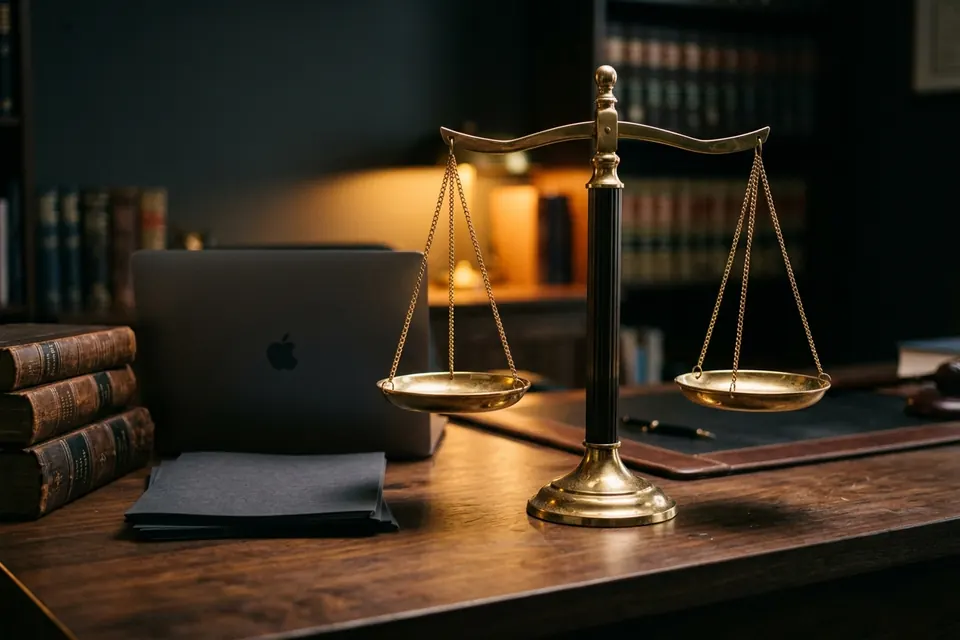 Waage aus Messing neben Laptop und Fachbüchern
