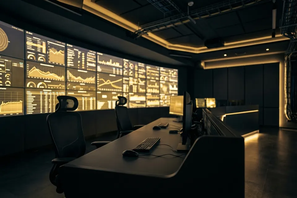 Monitoring-Wand mit leuchtenden Dashboards im dunklen Kontrollraum