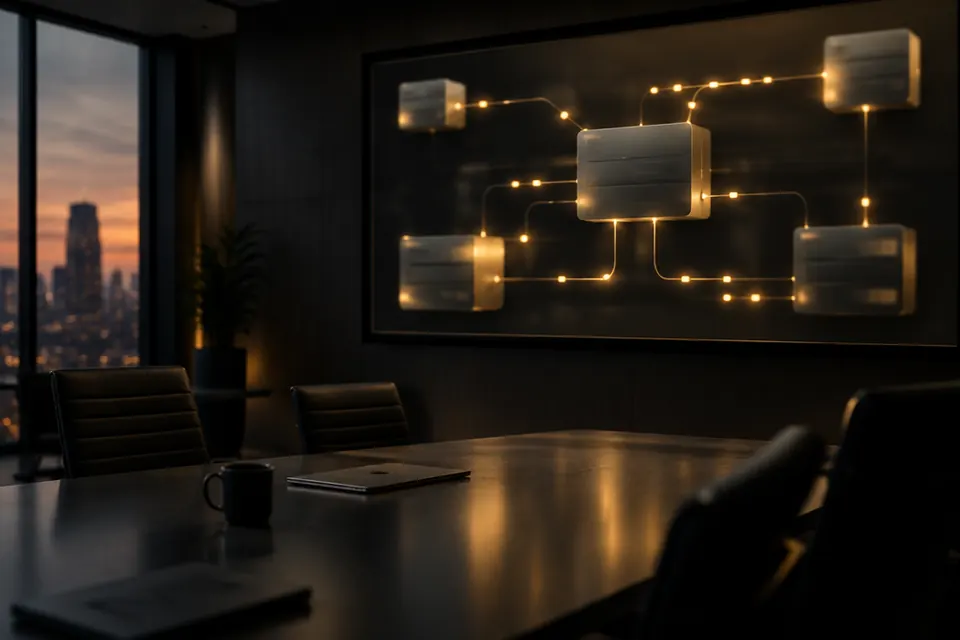 Dunkles Besprechungszimmer mit Skyline bei Sonnenuntergang, an der Wand ein Bildschirm mit fünf durch goldene Datenlinien verbundenen Systemkästen