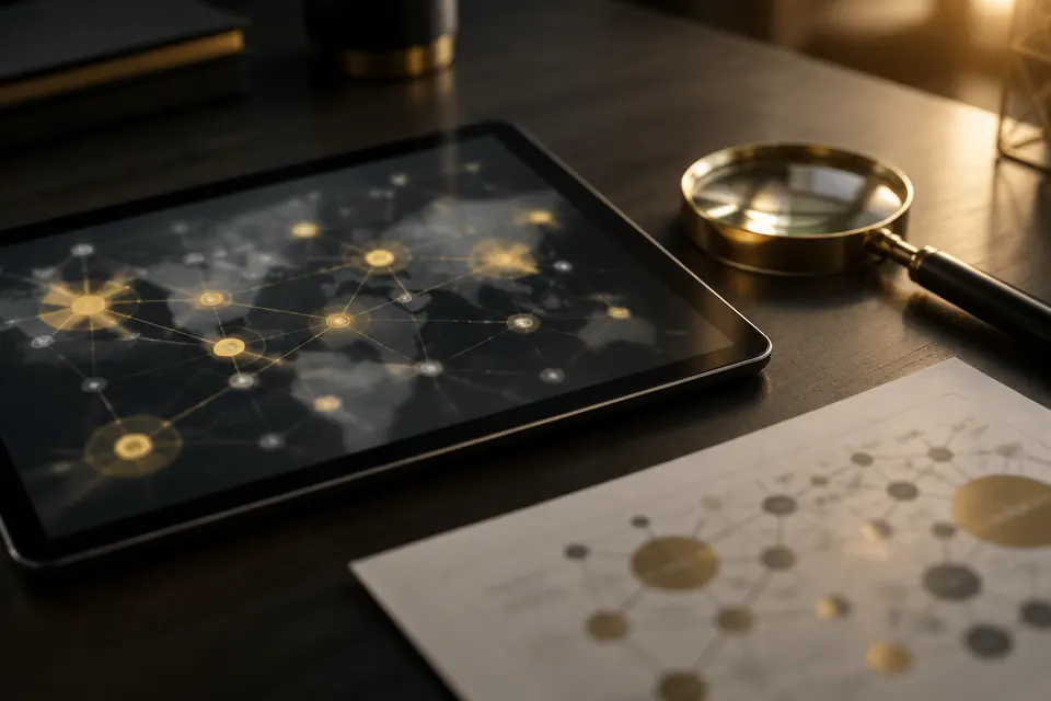 Tablet auf einem dunklen Schreibtisch mit einer abstrakten Landkarte aus goldenen Knoten und Verbindungslinien, daneben eine goldene Lupe und ein ausgedrucktes Netzdiagramm