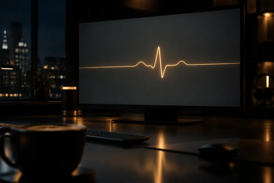 Monitor in einem dunklen Büro bei Nacht mit einer ruhigen goldenen Pulslinie, davor unscharf eine Kaffeetasse