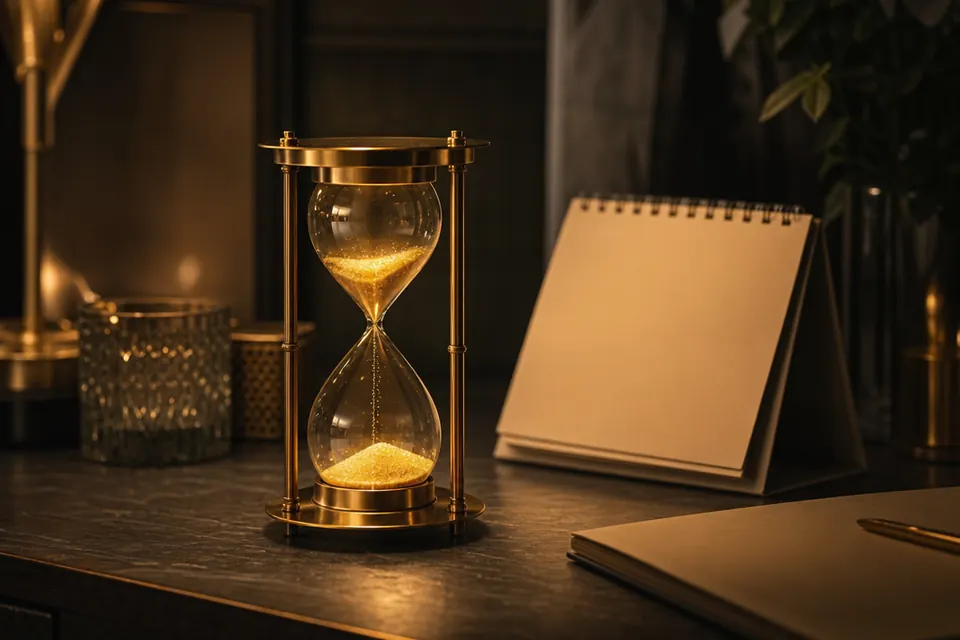 Goldene Sanduhr auf einem dunklen Schreibtisch, daneben ein Tischkalender und ein Notizbuch