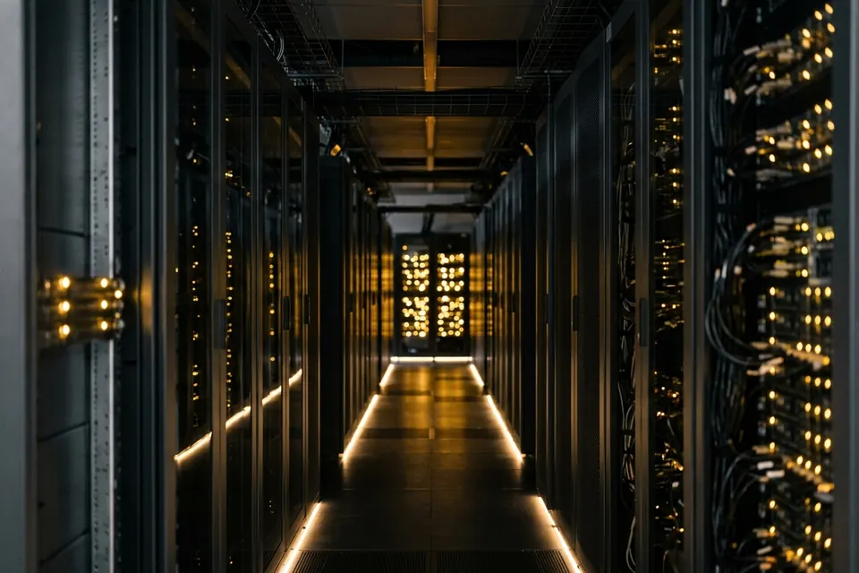 Serverraum mit goldenen Statuslichtern