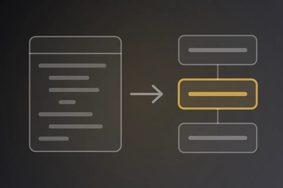 Ein altes Programmfenster mit ungeordneten Codezeilen, ein Pfeil, daneben drei geordnete Module, das mittlere in Gold