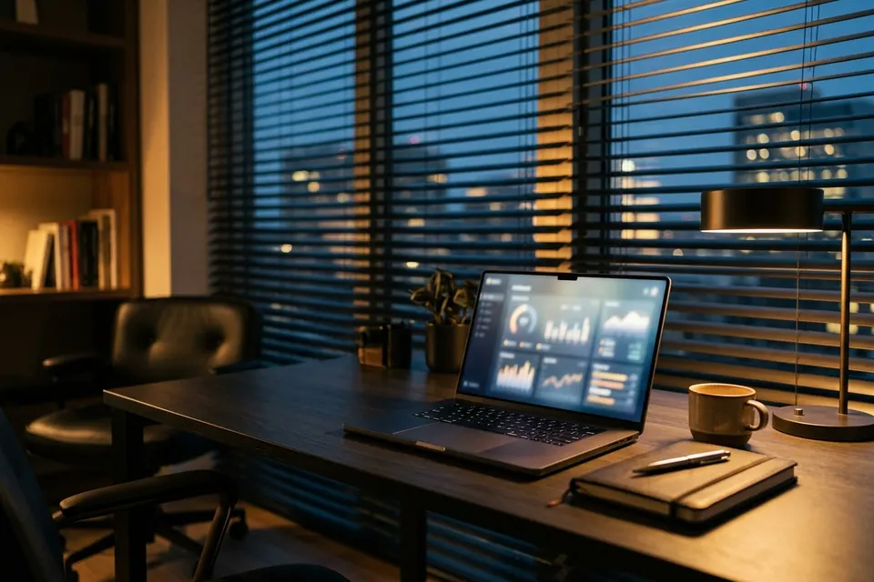 Moderner Beratungs-Arbeitsplatz mit Laptop und leuchtendem Dashboard im Abendlicht