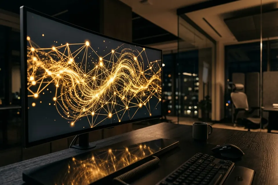 Dunkler Bildschirm mit leuchtendem neuronalen Netzwerk in einem modernen Büro
