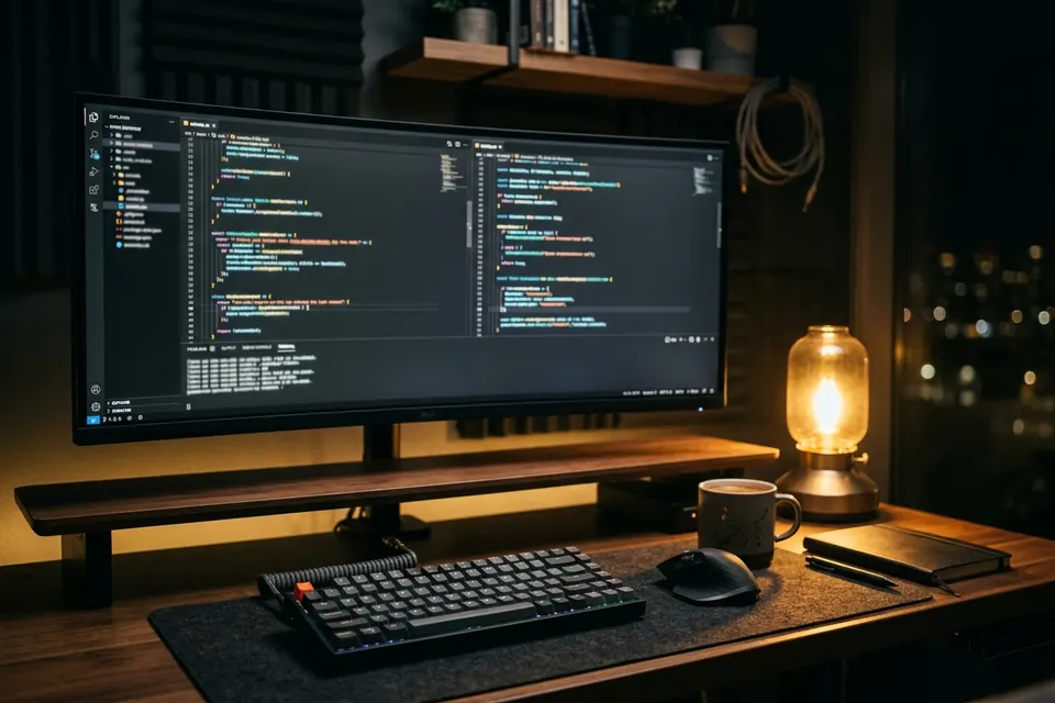 Entwickler-Arbeitsplatz bei Nacht mit leuchtendem Code-Editor