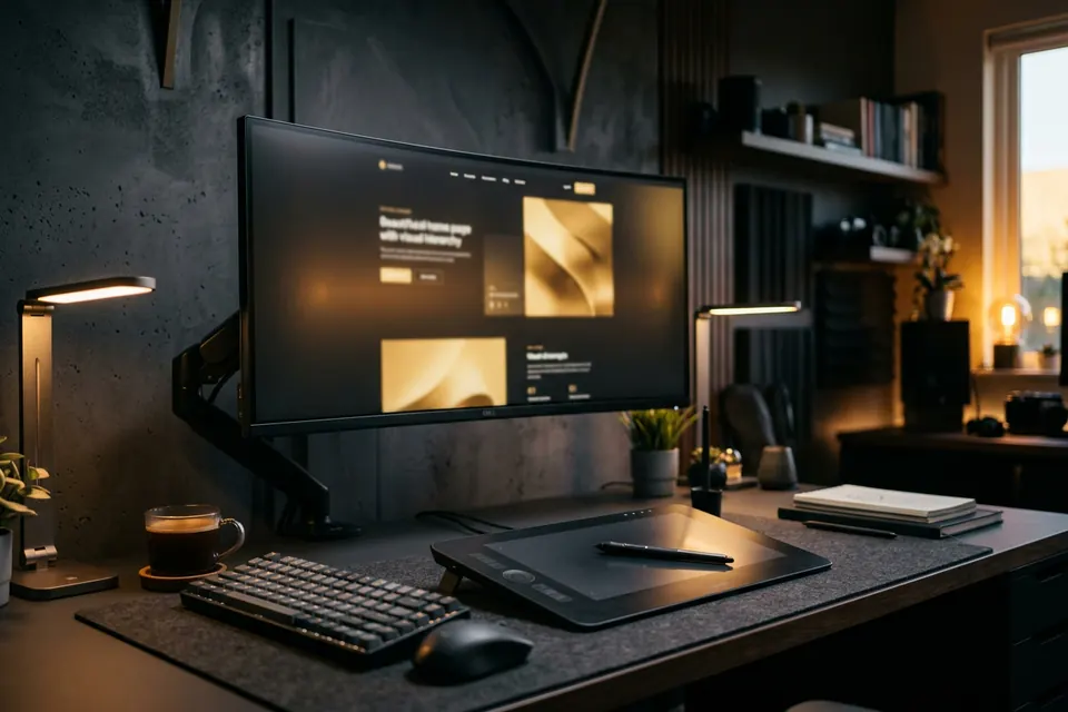Webdesign-Arbeitsplatz mit großem Monitor und Grafiktablett