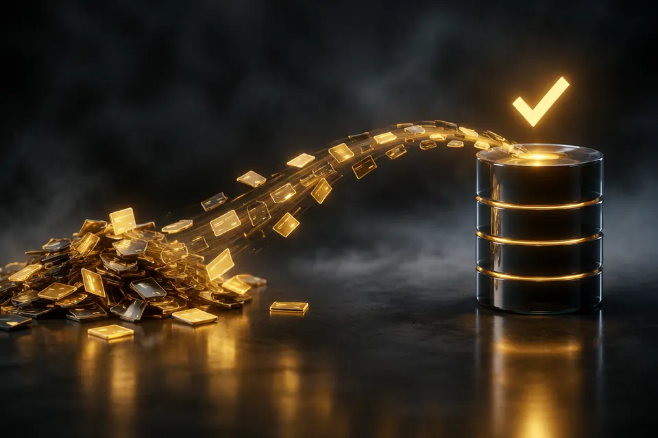 Strom aus kleinen goldenen Datenkarten, der aus einem ungeordneten Haufen in einen dunklen Datenbank-Zylinder mit goldenem Prüfhaken fließt