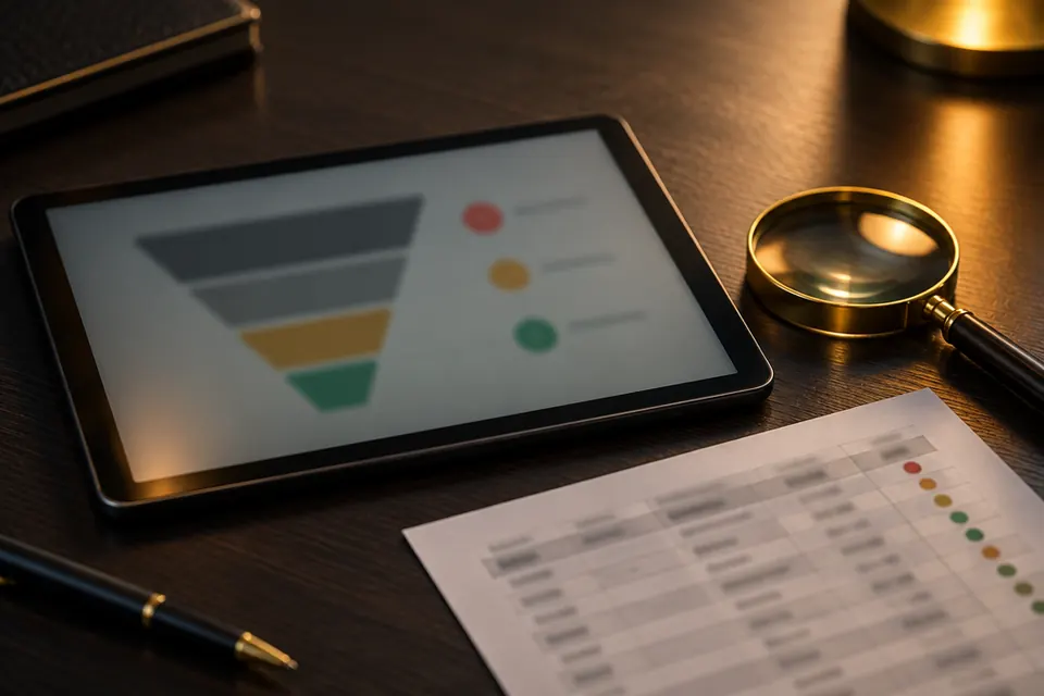 Tablet auf einem dunklen Schreibtisch mit einem Trichterdiagramm und Ampelpunkten in Rot, Gelb und Grün, daneben eine goldene Lupe und ein ausgedrucktes Tabellenblatt