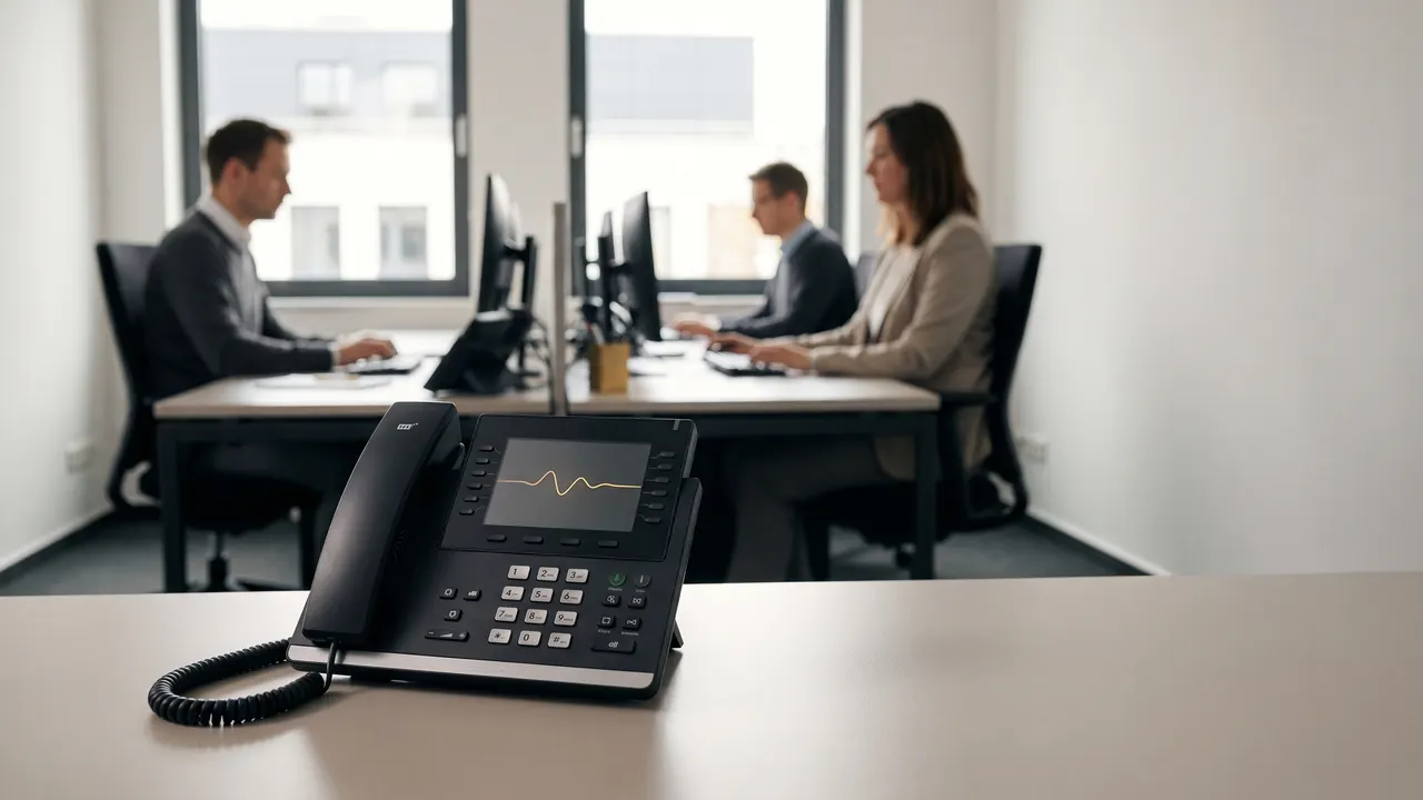 Arbeitsplatz in einem mittelständischen Betrieb: Ein eingehender Anruf wird vom KI-Telefonassistenten angenommen, während das Team ungestört weiterarbeitet.