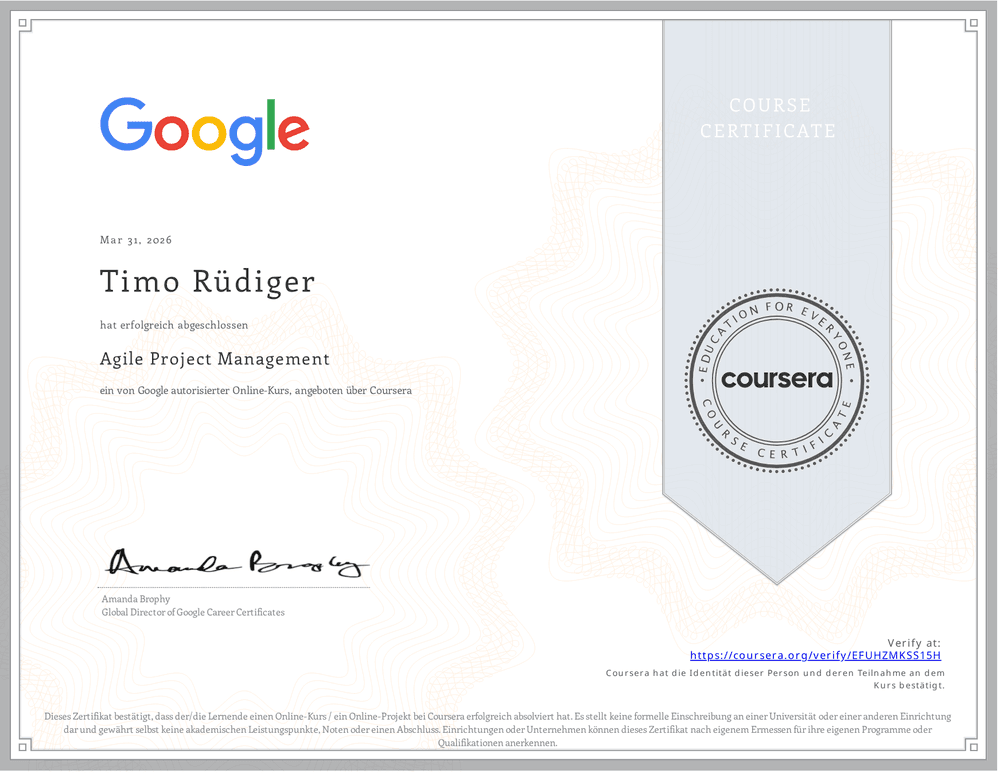 Vorschau des Zertifikats „Agile Project Management" von Google · Coursera