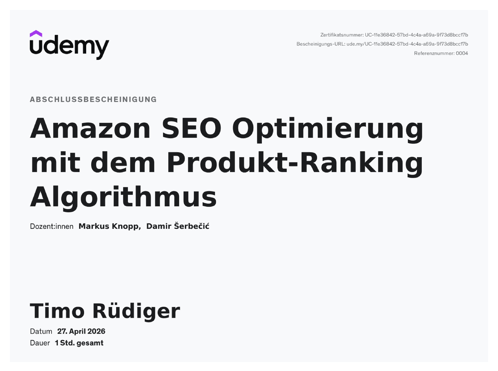 Vorschau des Zertifikats „Amazon SEO" von Udemy