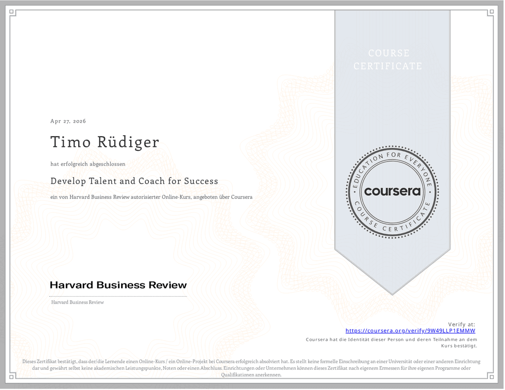 Vorschau des Zertifikats „Develop Talent and Coach for Success" von Harvard Business Review · Coursera