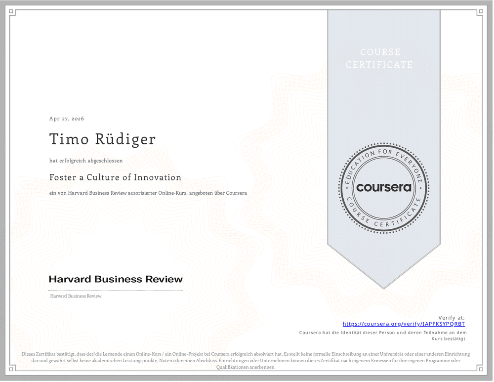 Vorschau des Zertifikats „Foster a Culture of Innovation" von Harvard Business Review · Coursera