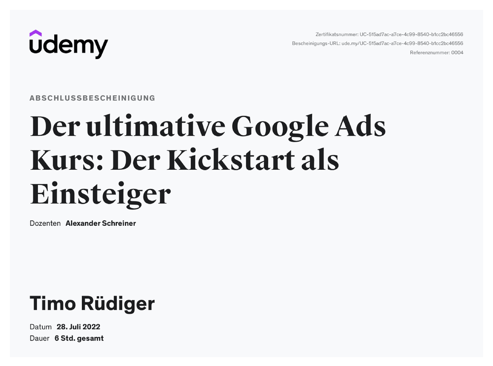 Vorschau des Zertifikats „Google Ads" von Udemy