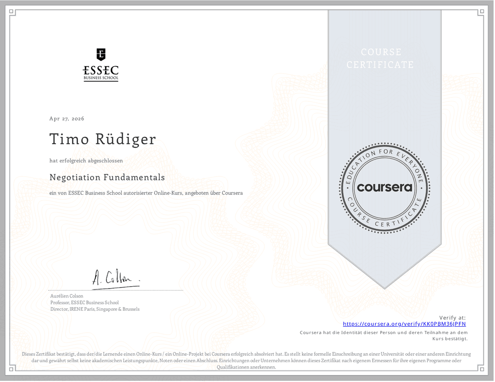 Vorschau des Zertifikats „Negotiation Fundamentals" von ESSEC Business School · Coursera
