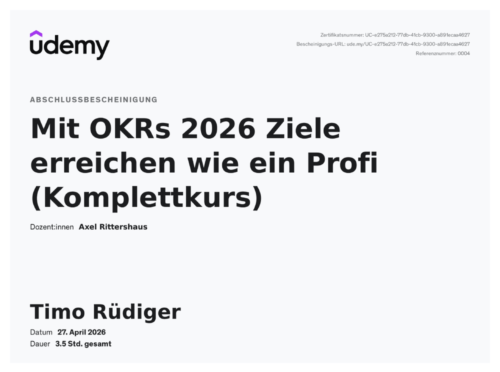 Vorschau des Zertifikats „OKR" von Udemy · Axel Rittershaus
