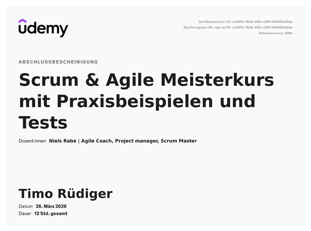 Vorschau des Zertifikats „Scrum & Agile" von Udemy · Niels Rabe