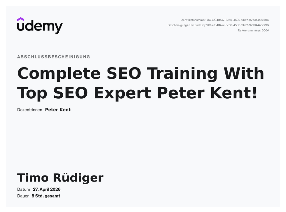 Vorschau des Zertifikats „SEO" von Udemy · Peter Kent